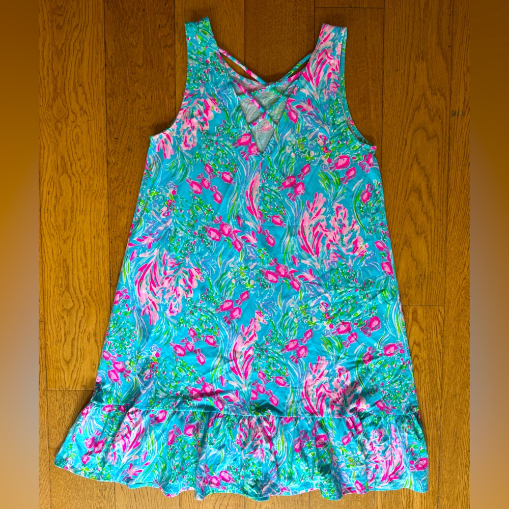 Lilly Pulitzer Kristen Flounce Swing Dress SZ S Amalfi Blue Best Fishes - Picture 5 of 15